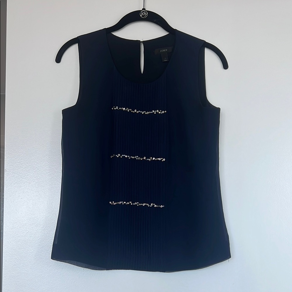 J.Crew Navy Sleeveless Blouse XS Embellished Pleated Top Work Office Chic